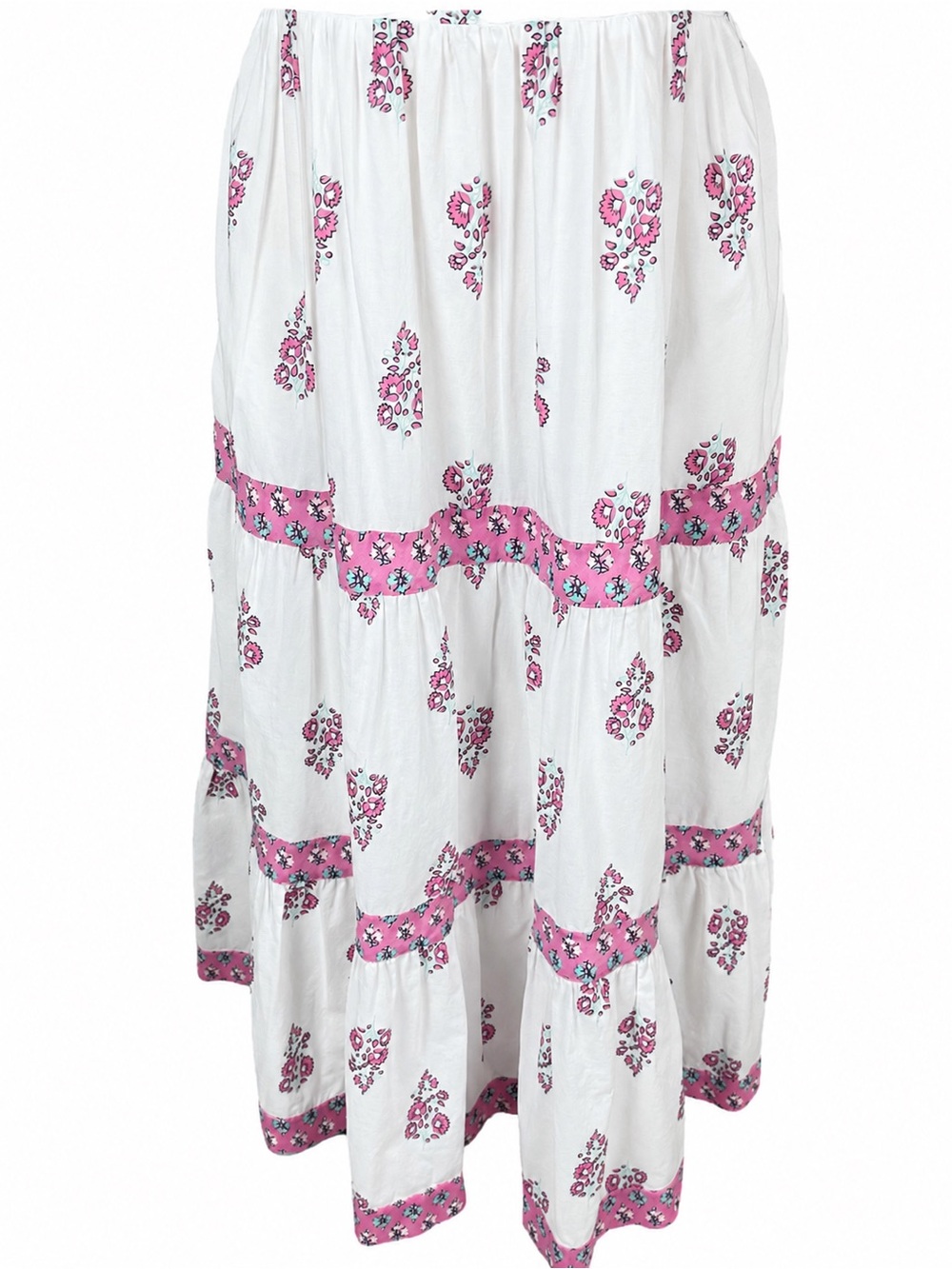 J.Crew Block Print Tiered Midi Dress White Pink Floral Square Neck Cotton SZ 10 - Picture 6 of 16